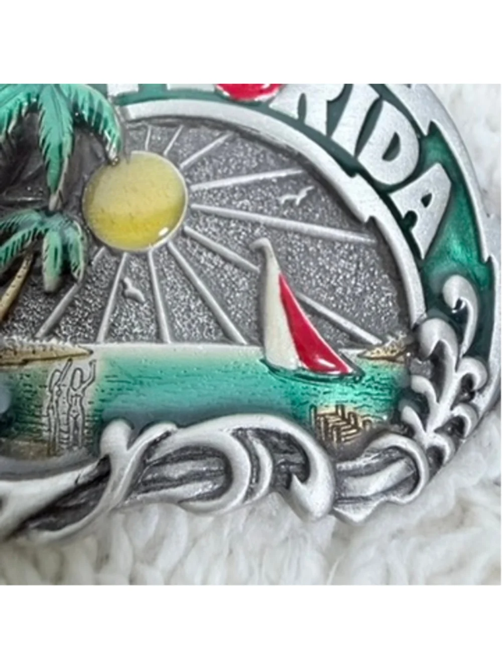 Vintage 1980 Great American Buckle Co Florida Enamel Beach Sailboat Sunset USA